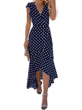 Women's Navy Blue Wrap Boho Beach Vacation Wrap V Neck Summer Long Maxi Dress